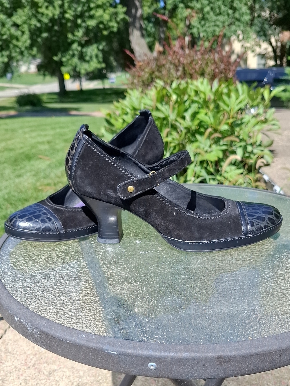 Clarks Black Suede/Leather Heeled Mary Janes Sz9